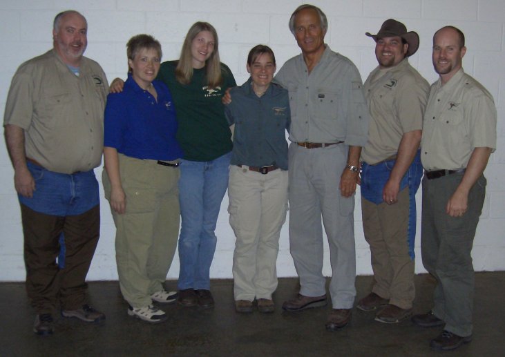 Jack Hannah with the Wildlife Wonders Crew.  From Left to right.  Jeff Forrester, Pam Forester, Shauna Smith, Hope Bennett Jack Hannah,  West Malenke, Tom Bennett